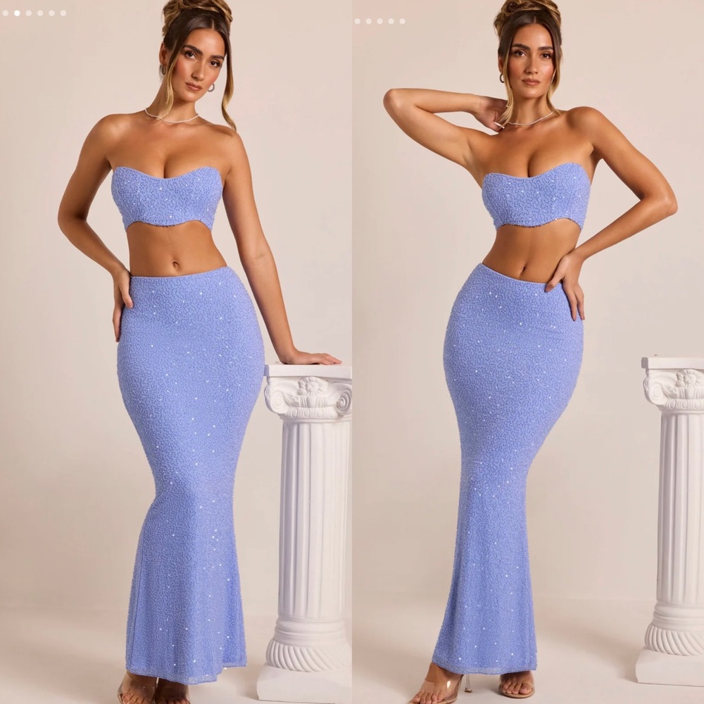 Embellished Mid-Rise Maxi Skirt and top powder blue